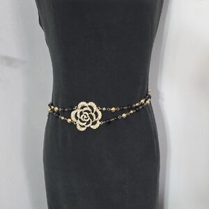 Black and Gold Paperclip Chain Belt with Rhinestone Rose Flower